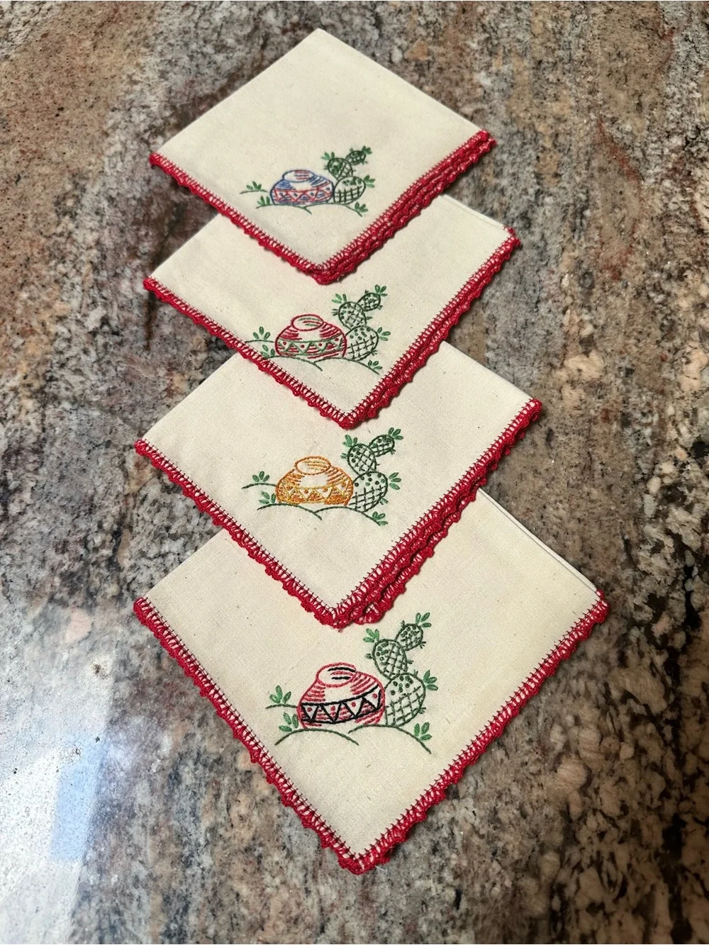 Embroidered Cactus Napkin Set with Red Crochet Edge